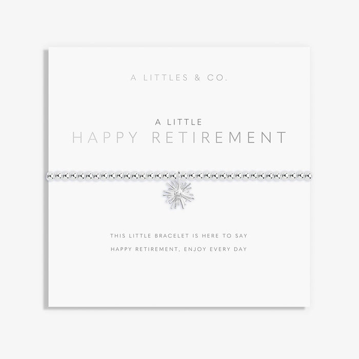 A Littles & Co. A Little Happy Retirement bracelet on sentiment card with silver beaded design and sunburst charm