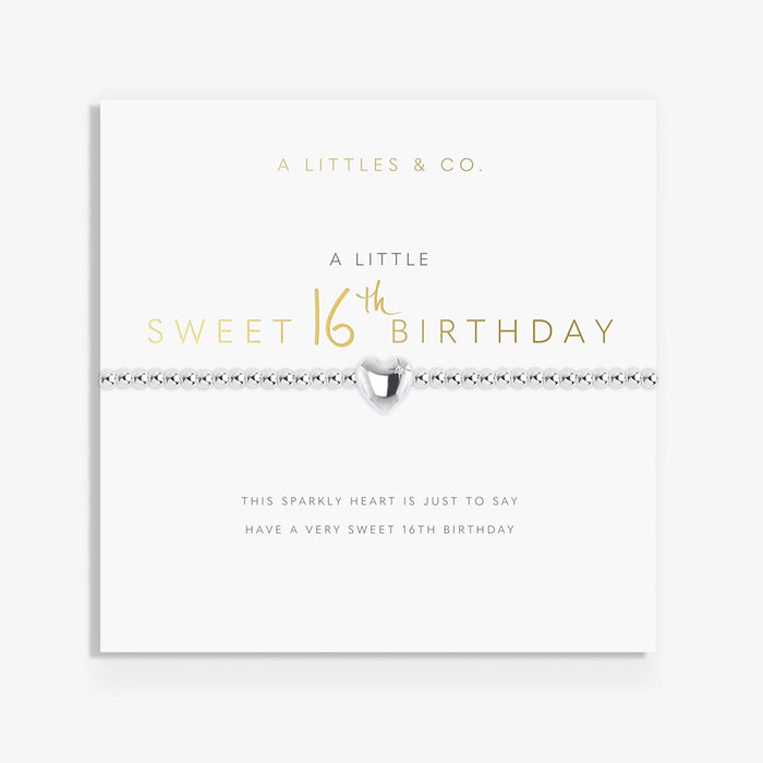 A Littles & Co. A Little Sweet 16th bracelet on gift card with silver beaded design and heart charm
