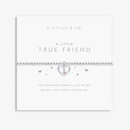 A Littles & Co A Little True Friend bracelet on keepsake card with silver heart charm and friendship message