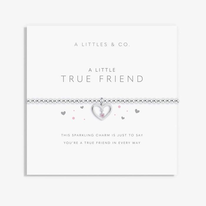 A Littles & Co A Little True Friend bracelet on keepsake card with silver heart charm and friendship message