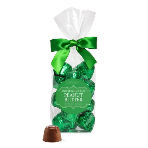Bag of Abdallah Candies Holiday Peanut Butter Bites wrapped in green foil with a festive bow, milk chocolate peanut butter candies.