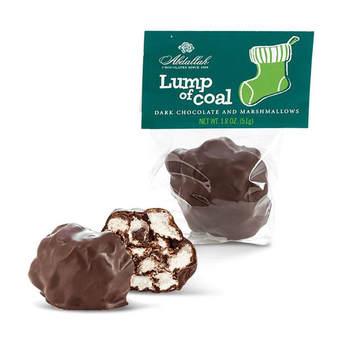 Abdallah Candies Lump of Coal pouch with dark chocolate–covered marshmallows, shown with whole and cut pieces.