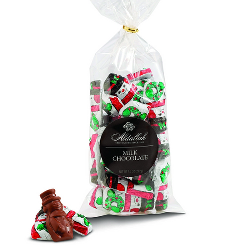 Bag of Abdallah Candies Milk Chocolate Foiled Snowmen with assorted holiday-themed foil wrappers and unwrapped milk chocolate snowman pieces in front.