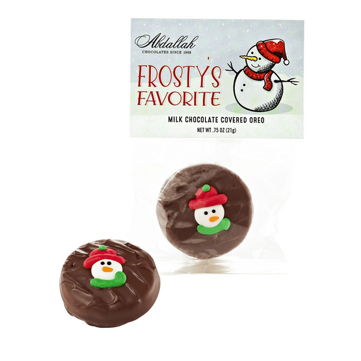 Abdallah Candies Frosty’s Favorite milk chocolate covered Oreo cookie with festive snowman decoration, individually wrapped for holiday gifting.