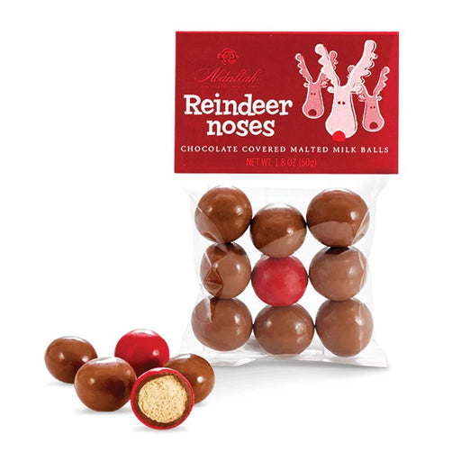 Bag of Abdallah Candies Reindeer Noses chocolate-covered malted milk balls with one red piece, shown with whole and cut pieces.