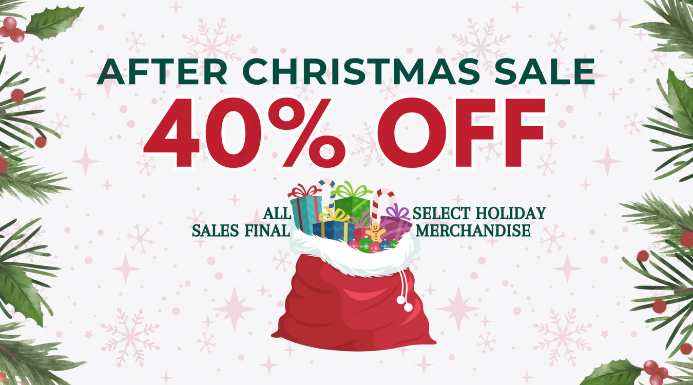 Promotional banner for After Christmas Sale with 40% off on holiday merchandise, featuring a Santa bag and gift boxes.