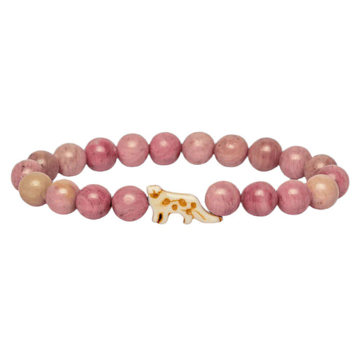 Pink beaded bracelet with a Snow Leopard charm on a white background