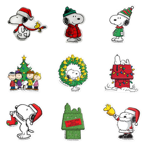 Set of Christmas-themed illustrations featuring Snoopy and friends on a white background. Order include one at random 