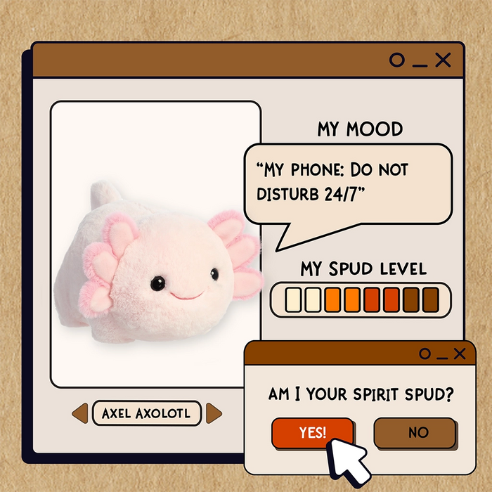 Axel Axolotl plush by Aurora World featured in playful illustrated mood graphic
