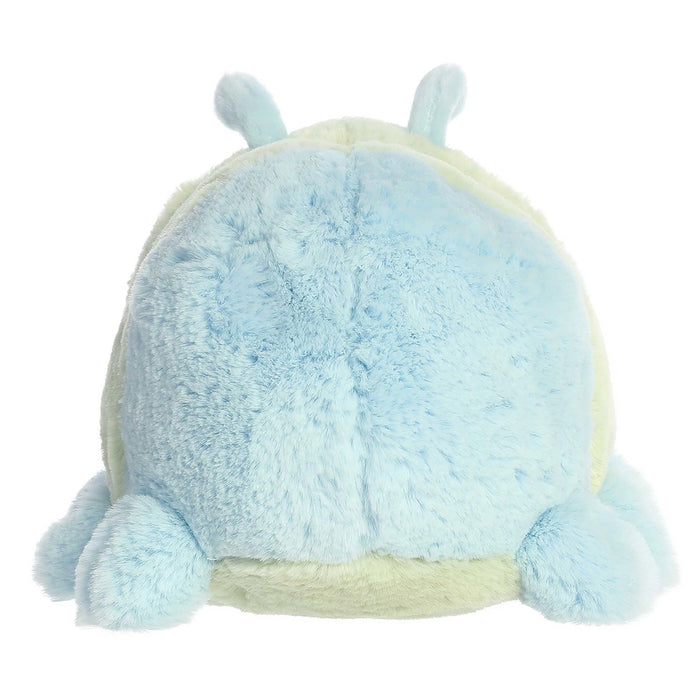 Back view of Carson Caterpillar Spudster showing soft blue plush texture and rounded shape