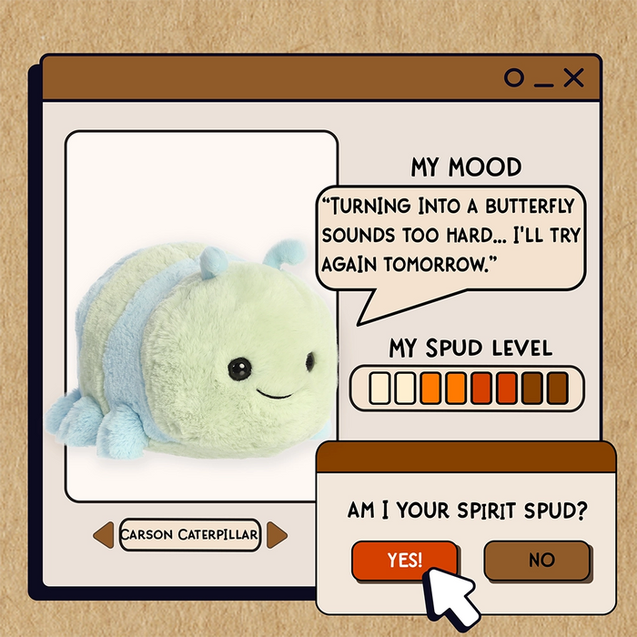 Aurora World Carson Caterpillar Spudster character card showing mood quote and spud level design