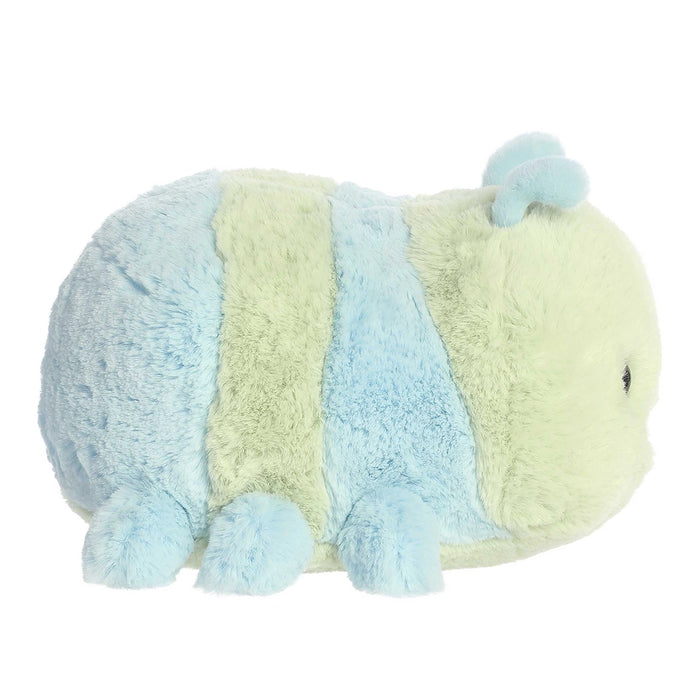 Carson Caterpillar Spudster plush toy side view with pastel green and blue striped body