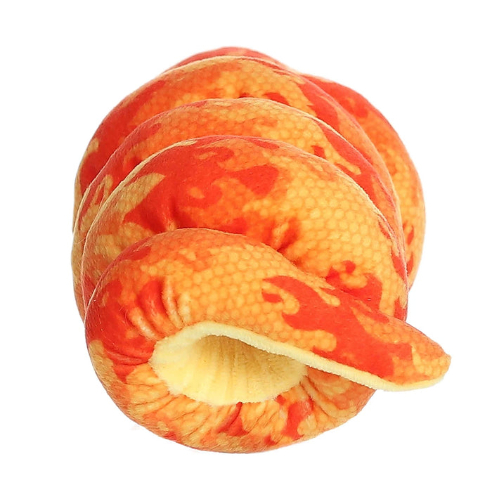 Back view of Aurora World Fiery Inferno Snake plush showing coiled body and flame pattern