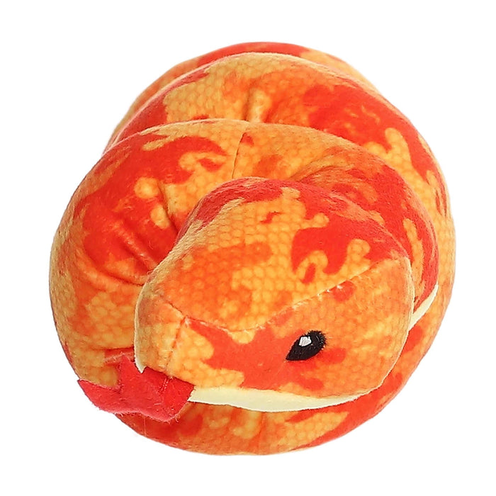 Fiery Inferno Snake plush coiled into a ball, soft orange and red flame design
