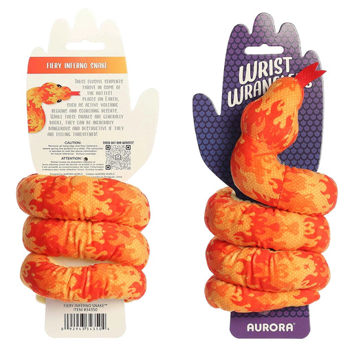 Aurora World Fiery Inferno Snake Wrist Wranglers plush with packaging, fiery orange and red flame pattern
