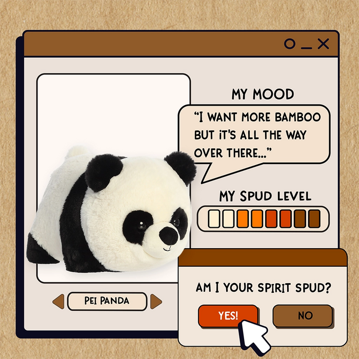 Aurora World Pei Panda plush displayed on fun spirit spud mood card graphic with playful panda theme