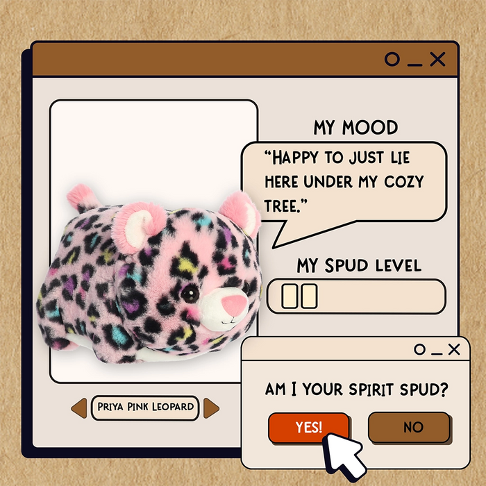 Aurora World Priya Pink Leopard™ character card graphic featuring playful mood and spud theme