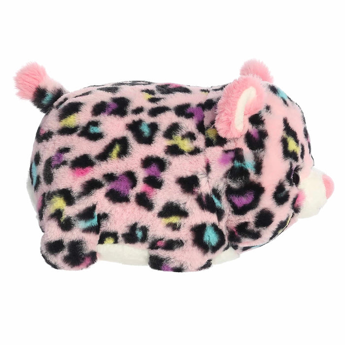 Pink leopard plush toy with multicolor spots, side view of Aurora World Priya Pink Leopard™ Spudster