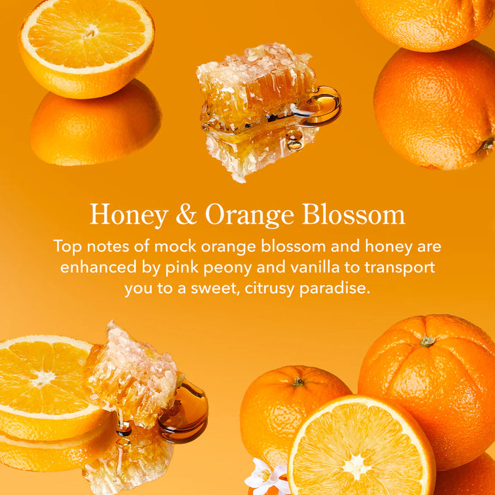 Honeycomb with honey, sliced oranges, and whole oranges on an orange background with text about 'Honey & Orange Blossom'.