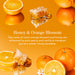 Honeycomb with honey, sliced oranges, and whole oranges on an orange background with text about 'Honey & Orange Blossom'.