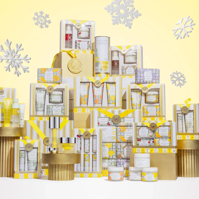 A holiday-themed Body Shop gift set featuring an assortment of skincare products, elegantly presented in a seasonal box.