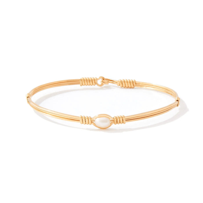 Pearl of My Heart 5.5-inch bracelet with sterling silver, 14K gold artist wire wraps, and a genuine white freshwater pearl.
