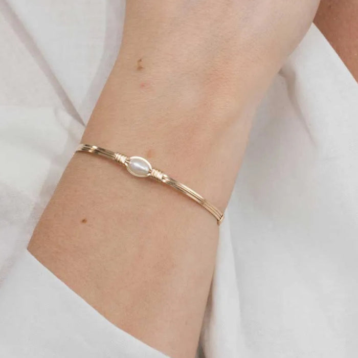 Pearl of My Heart 5.5-inch bracelet with sterling silver, 14K gold artist wire wraps, and a genuine white freshwater pearl.
