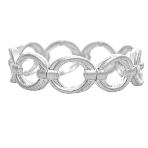 This Rain Jewelry Silver Open Layered Circles Stretch Bracelet features open silver-tone circles stacked in an elegant layered design.