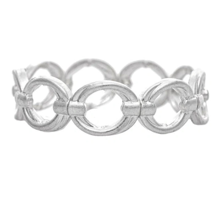 This Rain Jewelry Silver Open Layered Circles Stretch Bracelet features open silver-tone circles stacked in an elegant layered design.