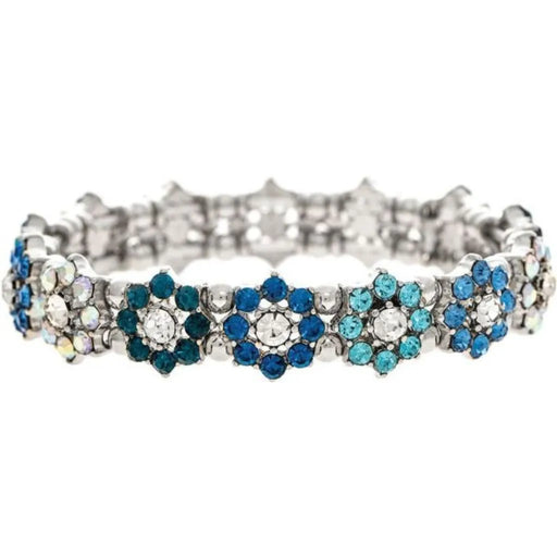 Rain Jewelry April Skies Silver Blue Hues Crystal Flower Stretch Bracelet featuring sparkling blue crystals, silver-tone flower accents, and a comfortable stretch-fit design.