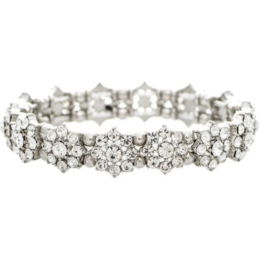 Rain Jewelry Dew Drop Silver Clear Crystal Flower Stretch Bracelet featuring sparkling clear crystals, silver-tone flower accents, and a comfortable stretch-fit design.