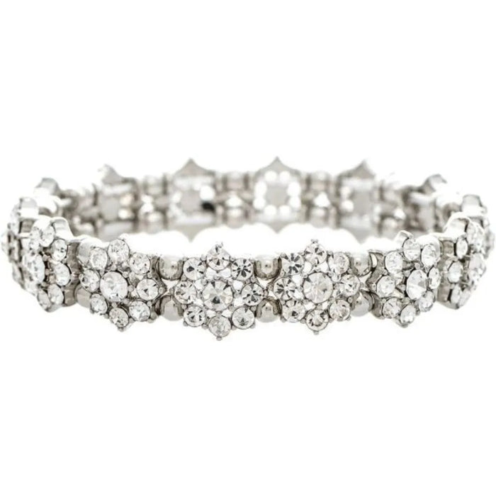 Rain Jewelry Dew Drop Silver Clear Crystal Flower Stretch Bracelet featuring sparkling clear crystals, silver-tone flower accents, and a comfortable stretch-fit design.