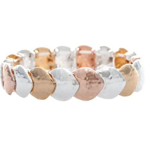 Rain Jewelry Multimetal Copper, Gold and Silver Layered Leaf Stretch Bracelet featuring mixed-metal leaf accents and a comfortable stretch-fit design for everyday wear.