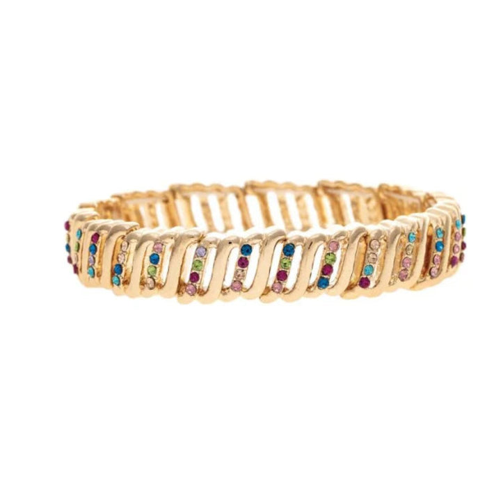 Rain Jewelry stretch bracelet with multicolor crystal accents, gold-tone details, and silver-tone bar links.