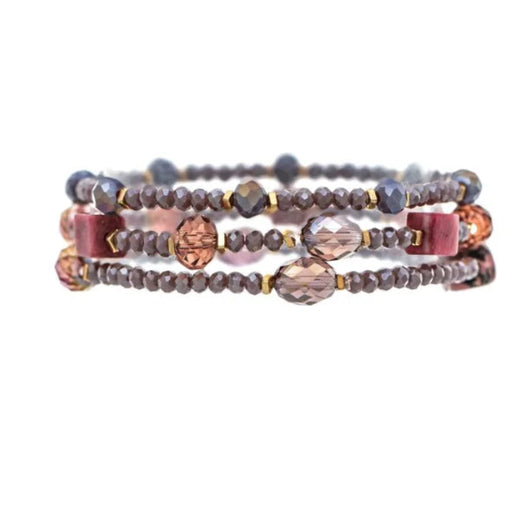 Rain Jewelry three-piece bracelet set with pink and purple glass quartz beads and gold-tone accents.