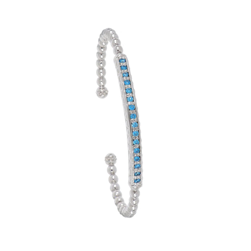 This rhodium-finished cuff features a striking pave bar detail that catches the light beautifully