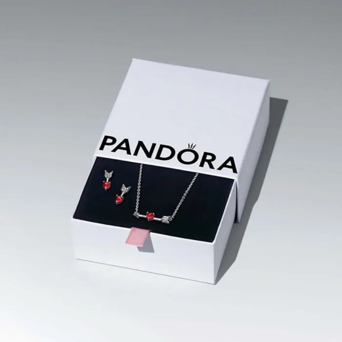 Pandora jewelry set with necklace and earrings on a branded box