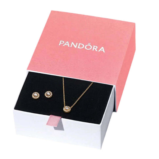 Pandora jewelry set with necklace and earrings in a pink and white box.