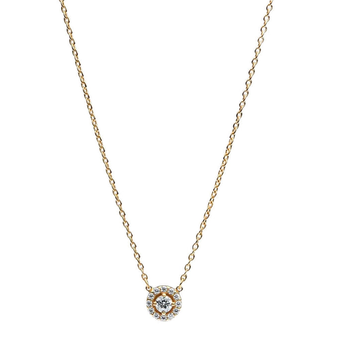 Gold necklace with a diamond pendant on a white background
