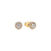 Gold earrings with clear gemstones on a white background