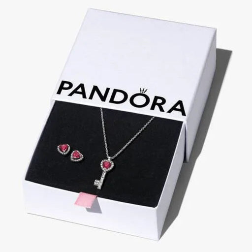 Pandora jewelry set with necklace and earrings on a branded box