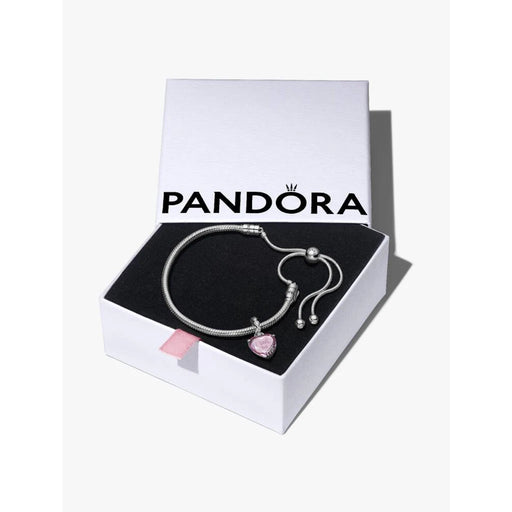 A beautiful Pandora heart charm bracelet set, featuring a silver chain adorned with colorful heart charms, presented attractively.