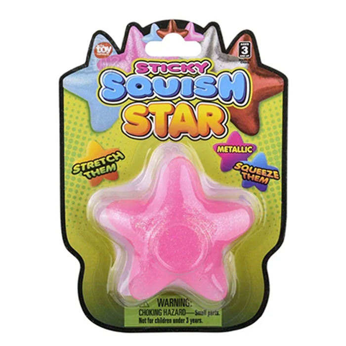 Pink star-shaped squishy toy in its packaging with colorful text and graphics.