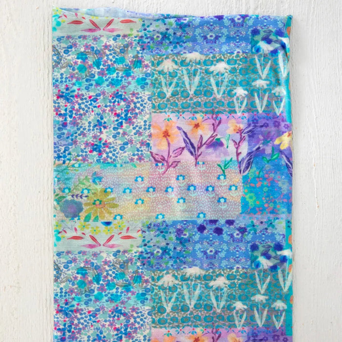 Full Boho Bandeau Headband in blue watercolor patchwork design.