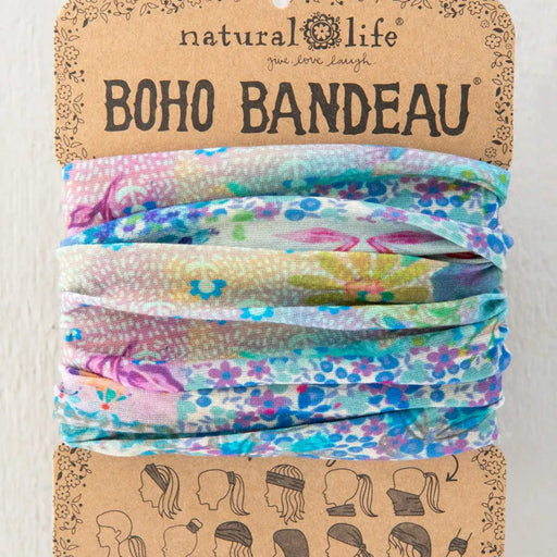 Full Boho Bandeau Headband in blue watercolor patchwork design.