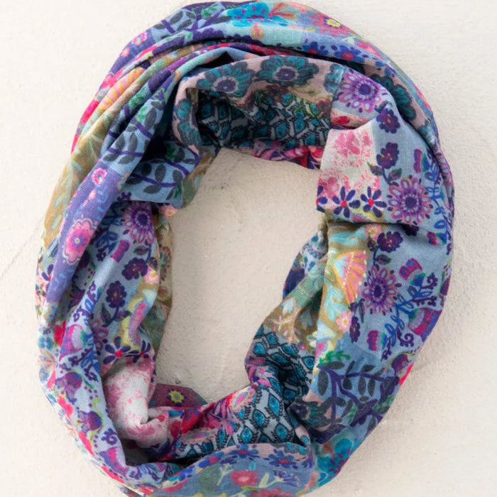 Full Boho Bandeau Headband featuring a colorful blue patchwork design.