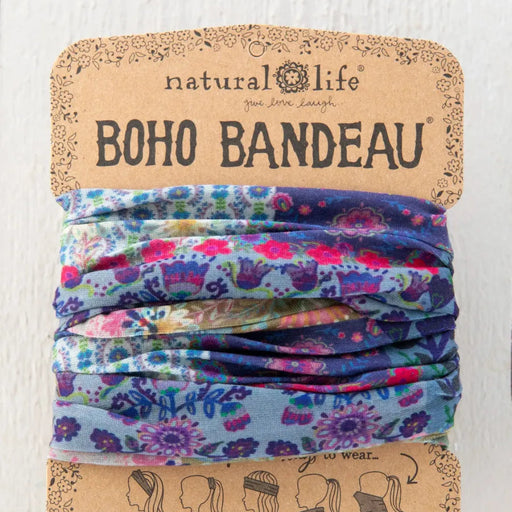 Full Boho Bandeau Headband featuring a colorful blue patchwork design.