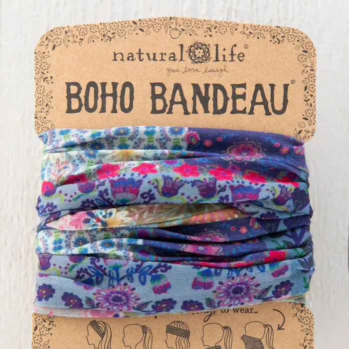 Full Boho Bandeau Headband featuring a colorful blue patchwork design.