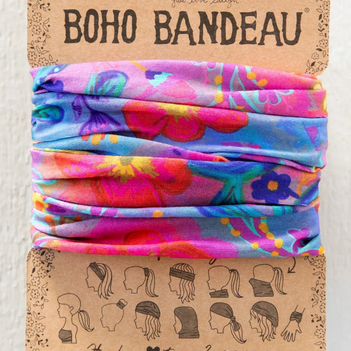 A vibrant scarf featuring a floral design in various colors.