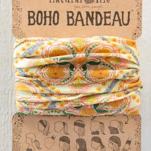 Yellow boho bandana featuring a natural life design, perfect for adding a vibrant touch to any outfit.